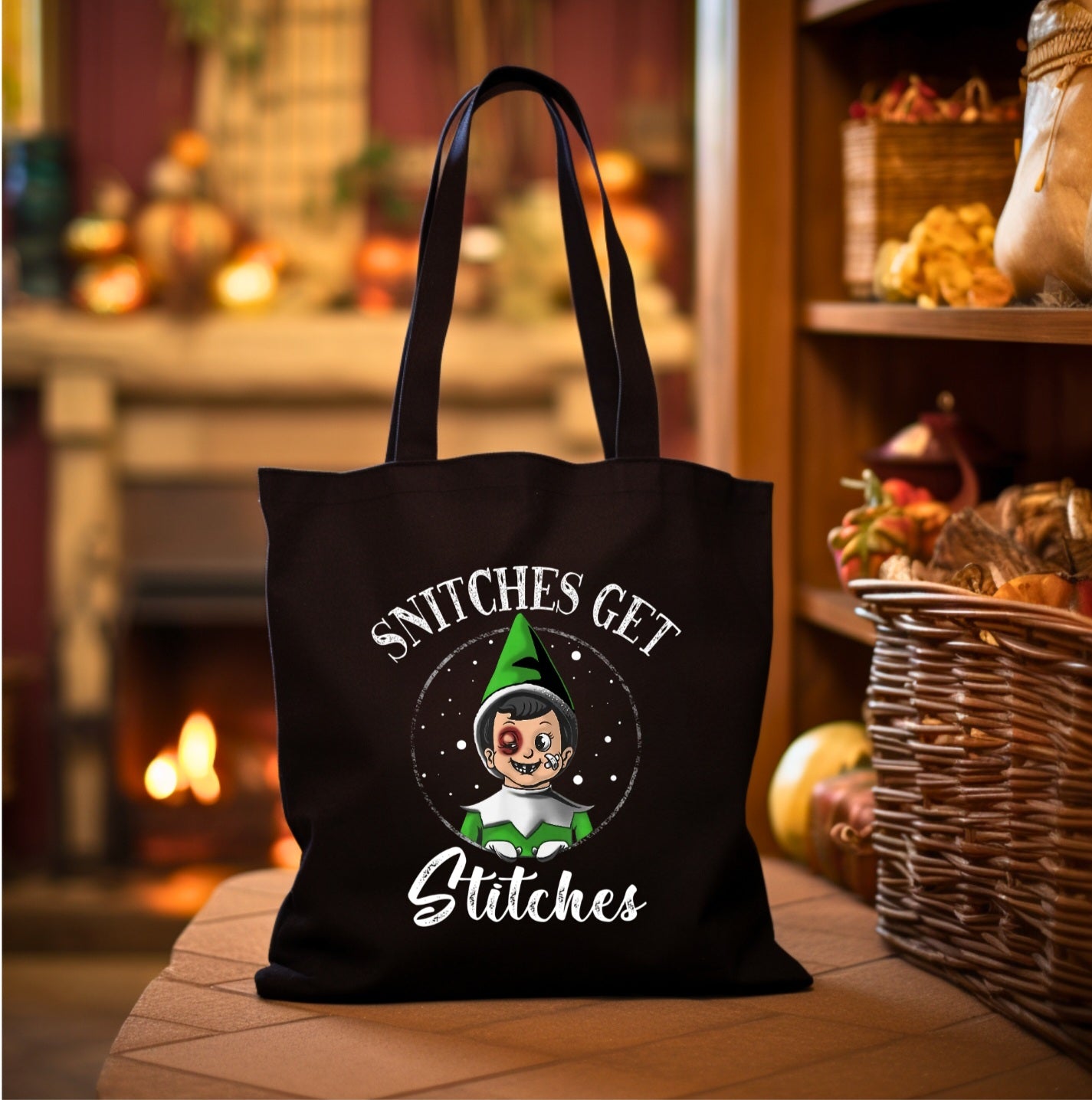 SNITCHES GET STITCHES (Green) Black Tote