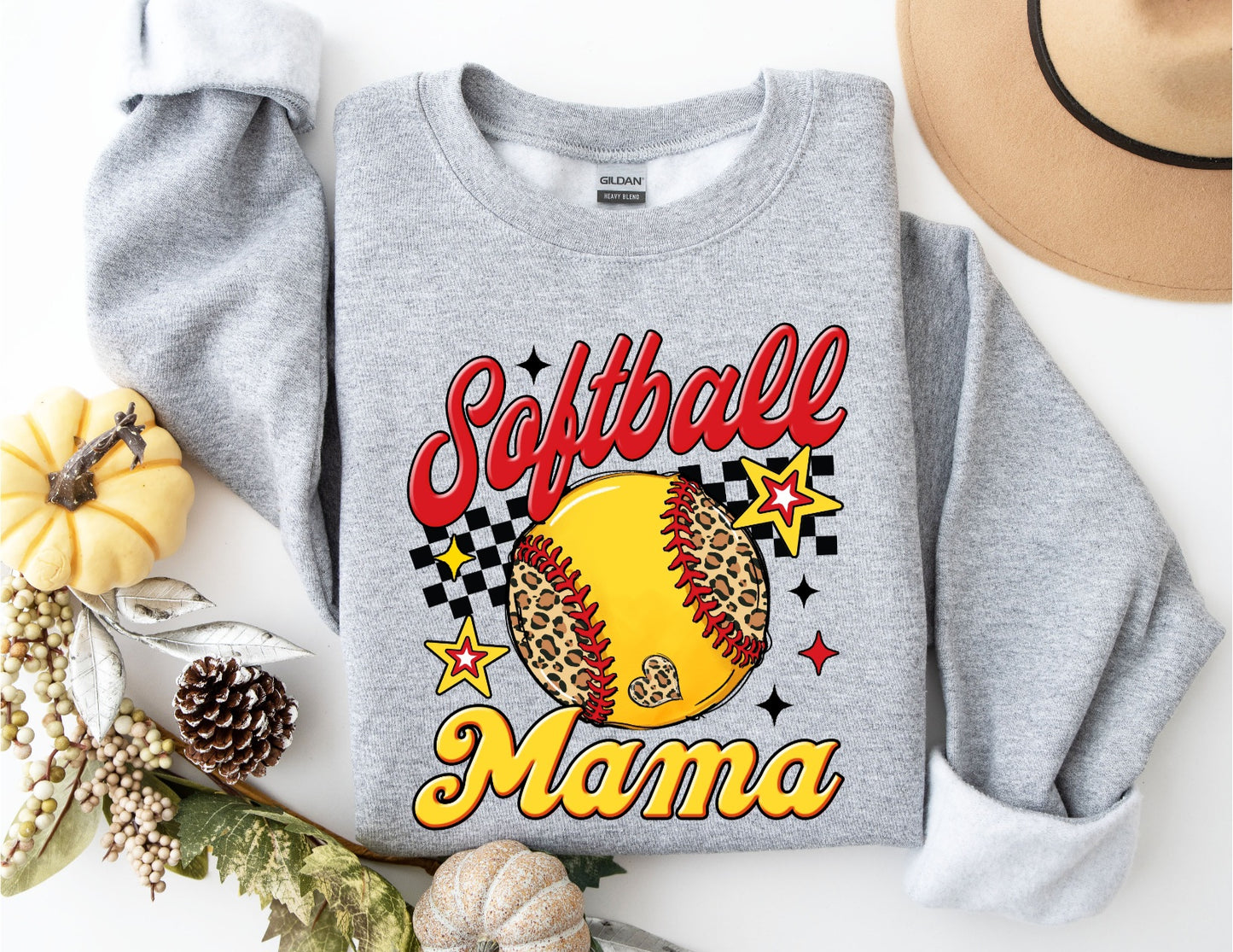 Gray Softball Mama Crewneck Gildan Sweatshirt