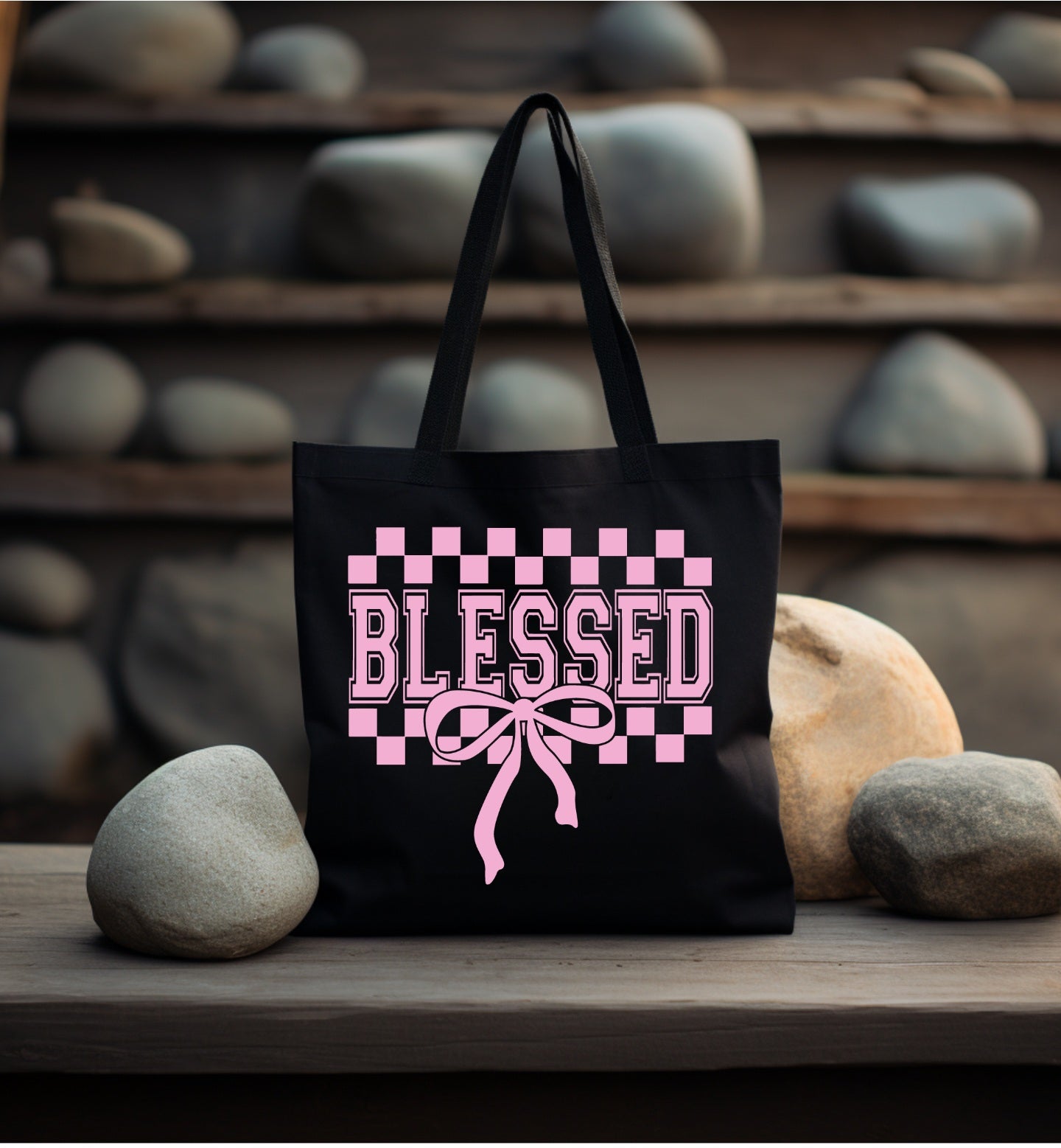 Blessed Pink Print Black Tote