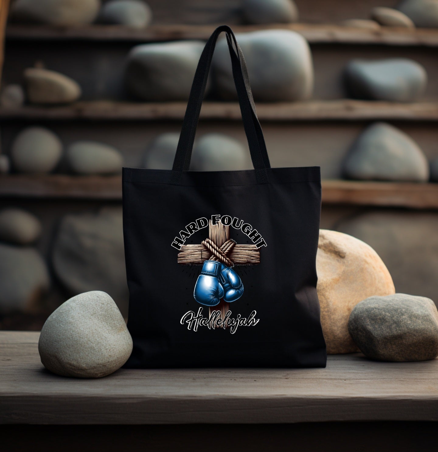 Hard Fought Hallelujah (Blue) Black Tote