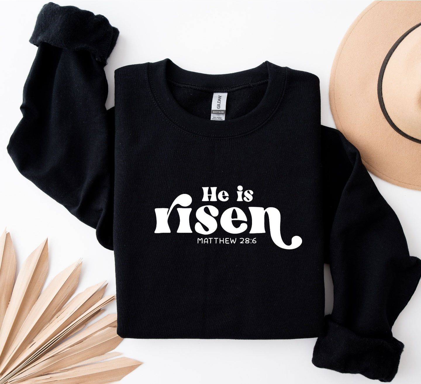 He is Risen (White Print) Black Crewneck Gildan Sweatshirt