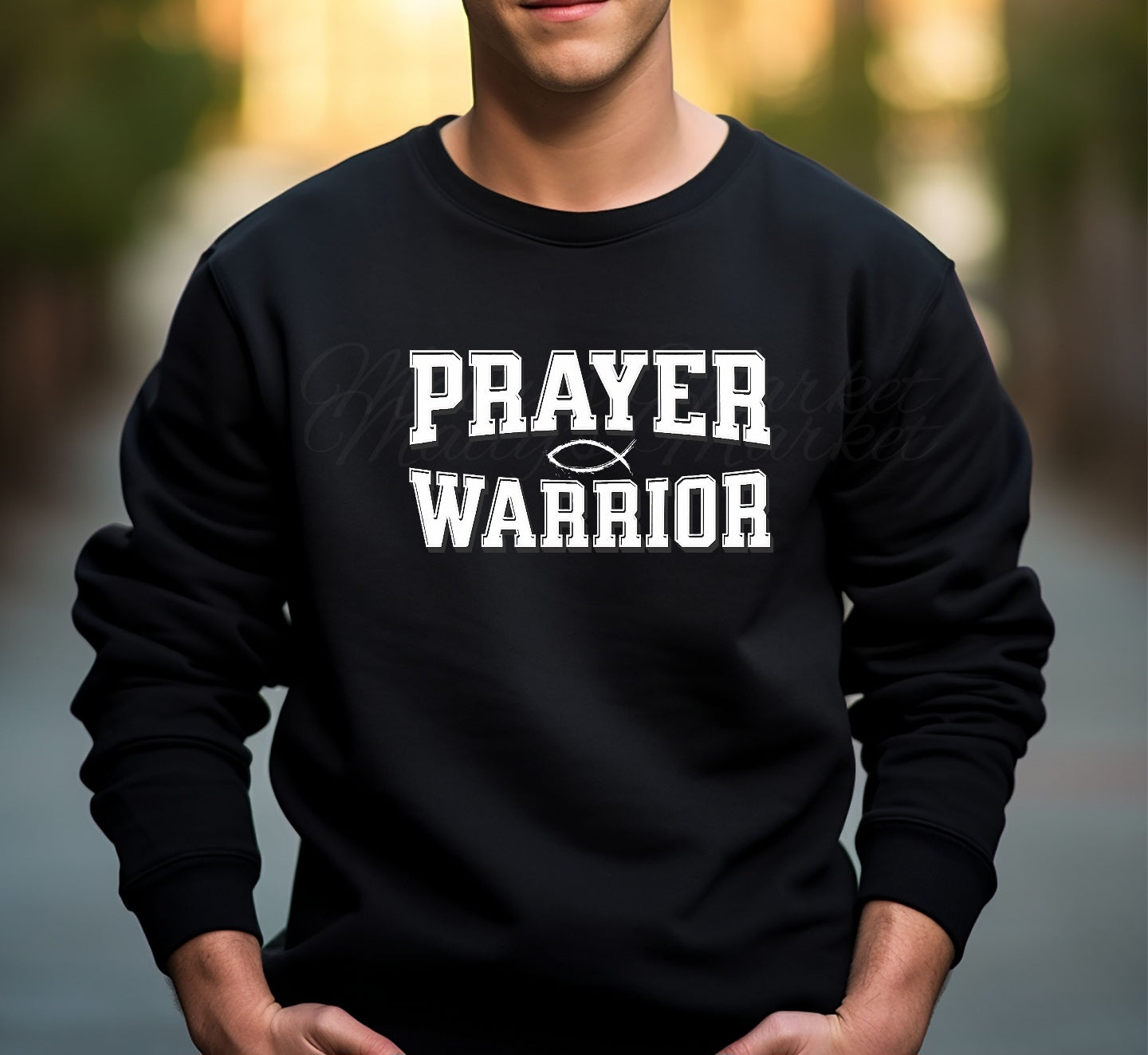 PRAYER WARRIOR WHITE ON Black Crewneck Gildan Sweatshirt