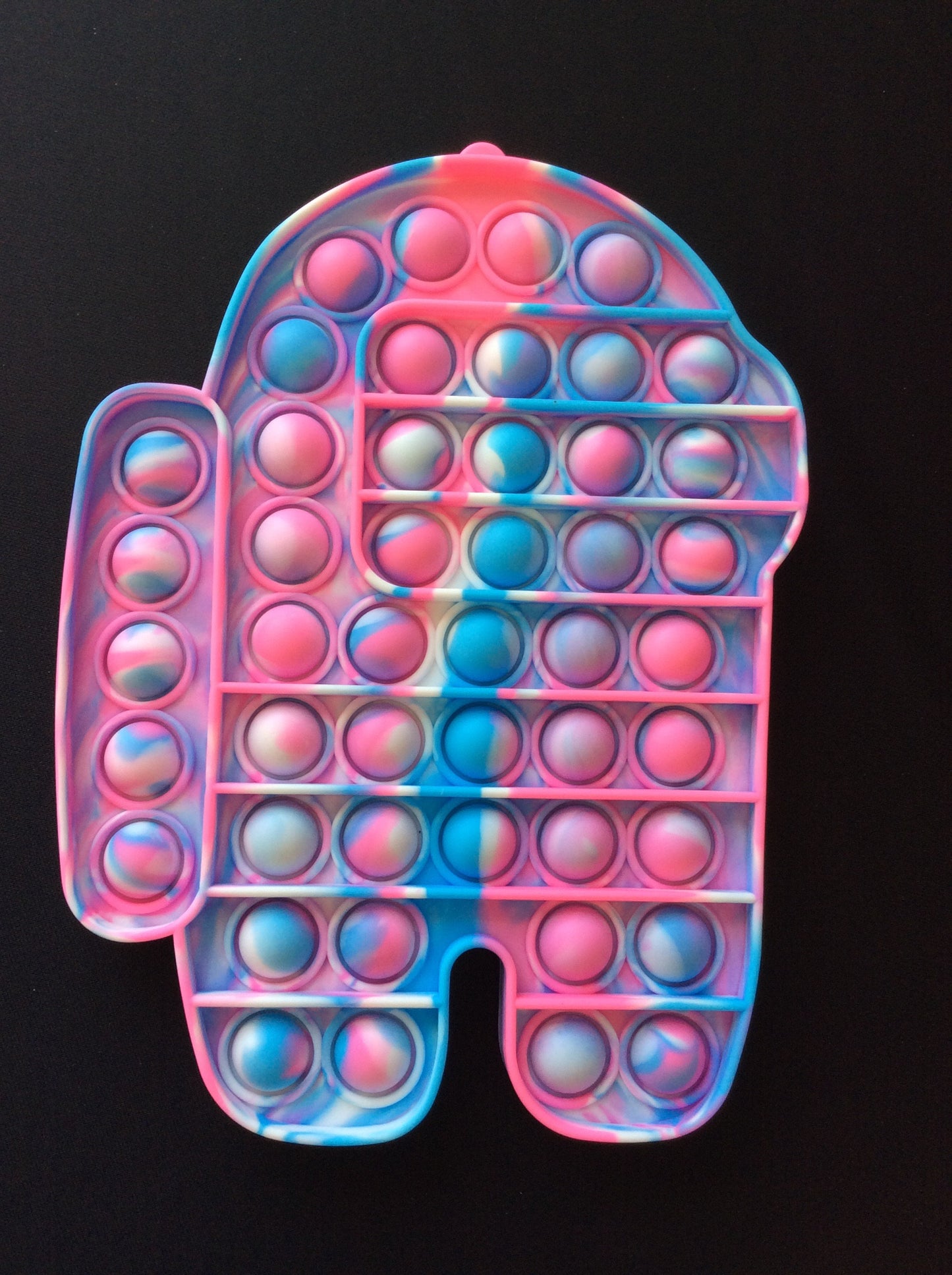 Approximately 8 inches tall x 5.75 inches wide Among Us Pink, White and Blue Colored Bubble Pop Fidget