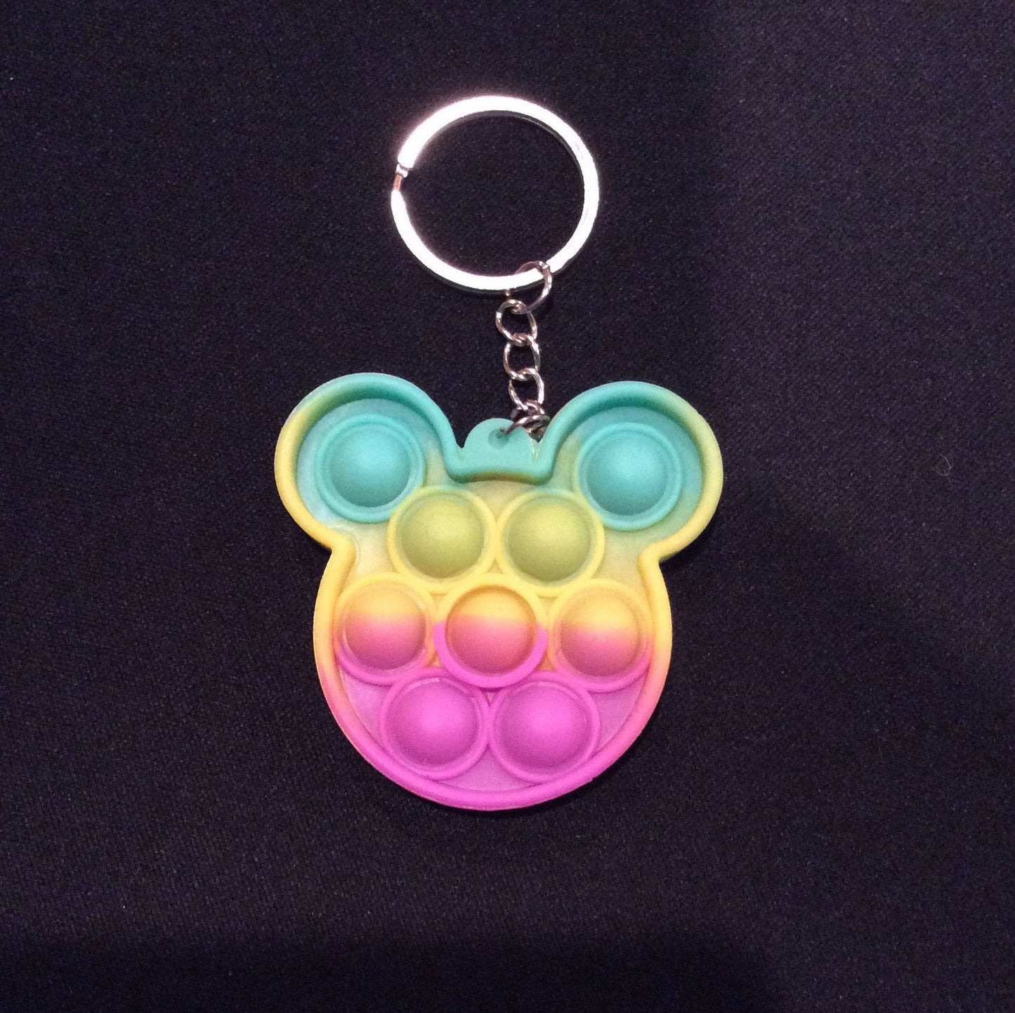 Mouse Shaped Sherbet Pink, Yellow and Teal Colored Bubble Pop It Fidget Keychain