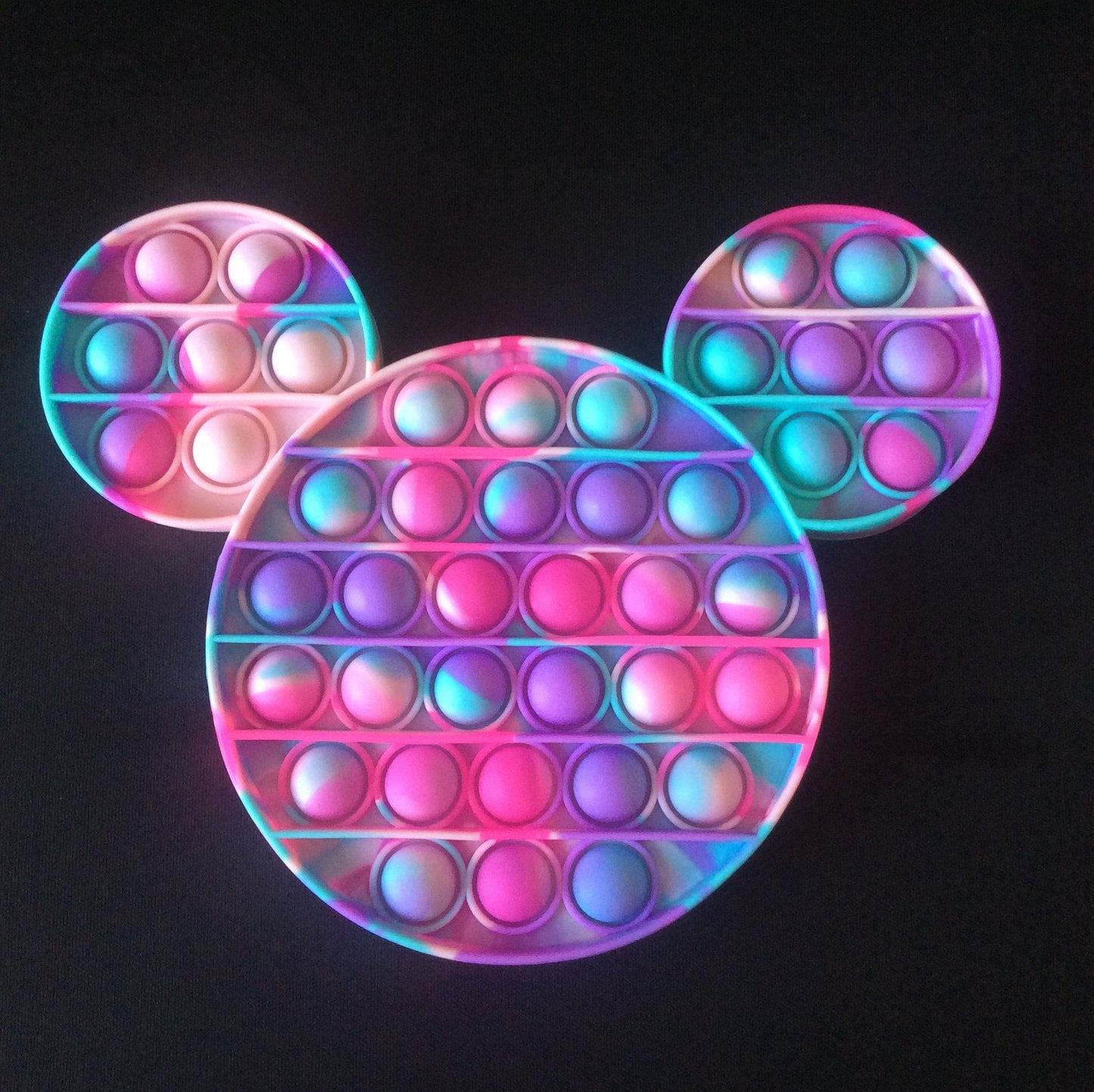 Mouse Shaped Tye Dye Pink, Purple and Teal Colored Bubble Pop Fidget approx 8 inches x 6 inches