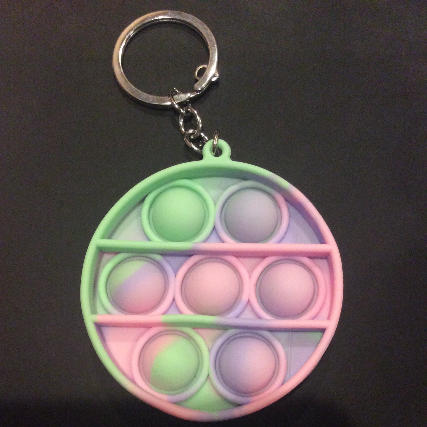 Circle Pink, Teal and Lavender Bubble Pop It Fidget Keychain Approximately 2.5 inches tall